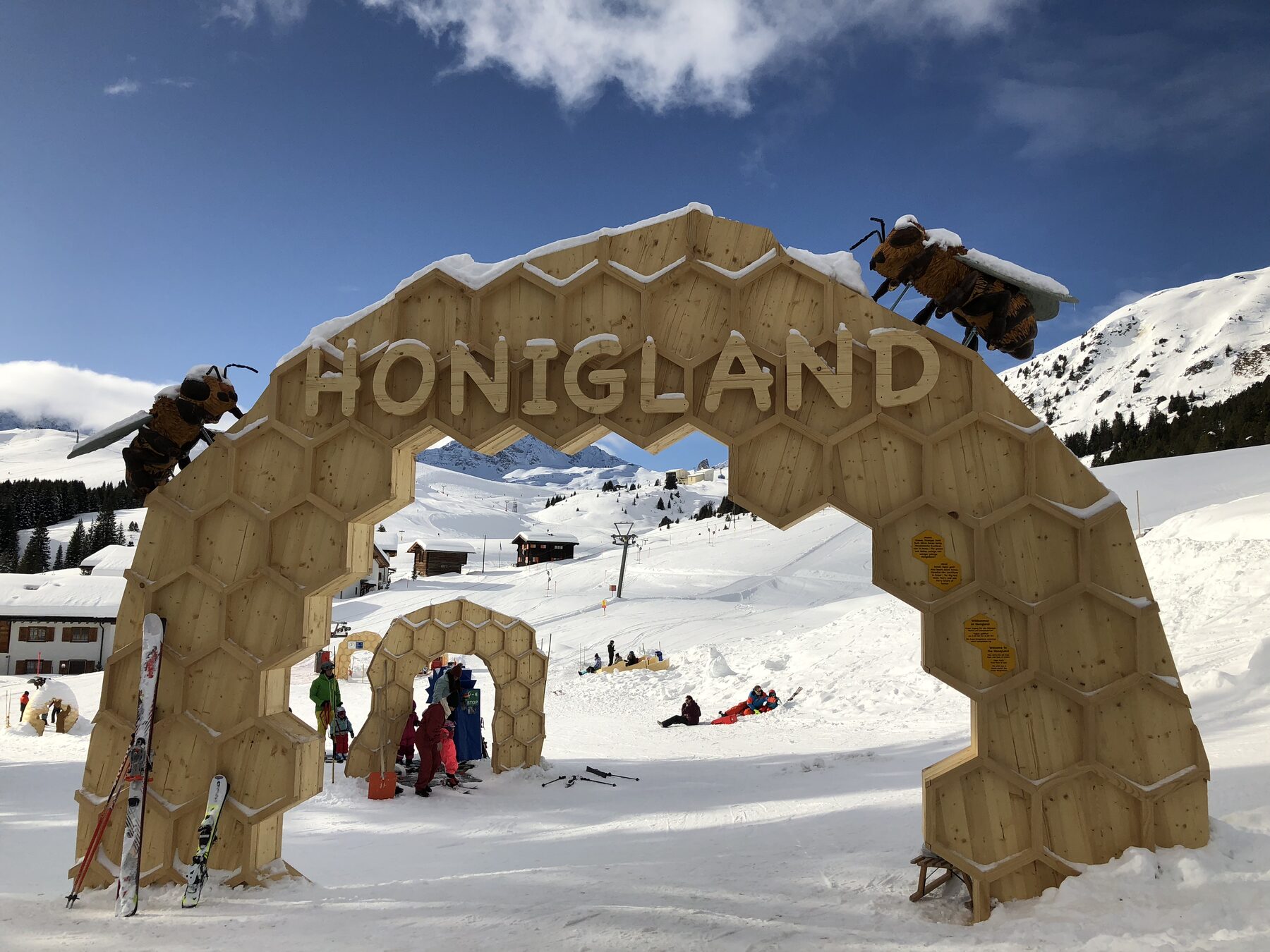 Der hölzerne Wabenbogen des Honiglands, dahinter der Übungshang