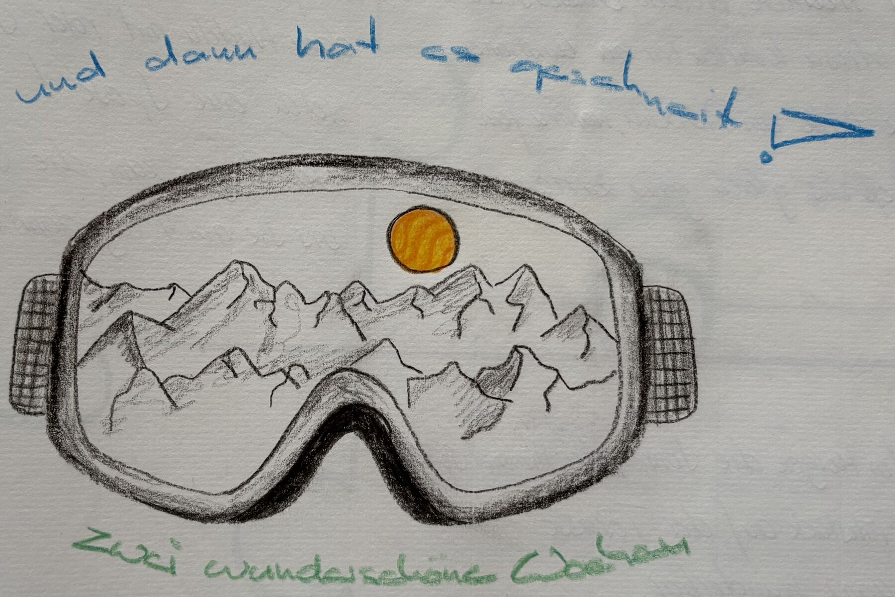 Eine gezeichnete Skibrille, im Glas spiegeln sich die Berge und die Sonne