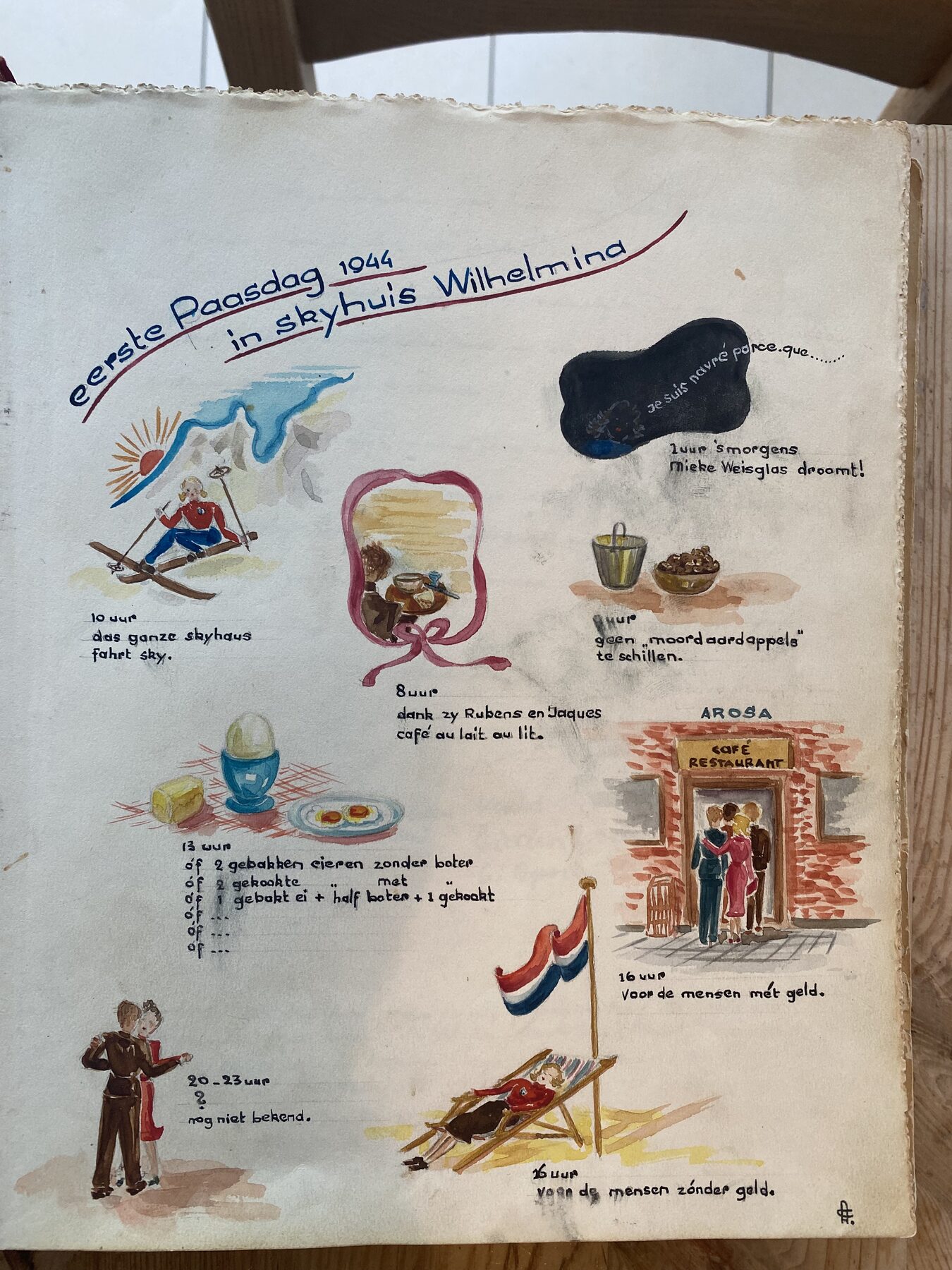 Eine bemalte Seite aus dem Gästebuch, „eerste Paasdag 1944 in skyhuis Wilhelmina“